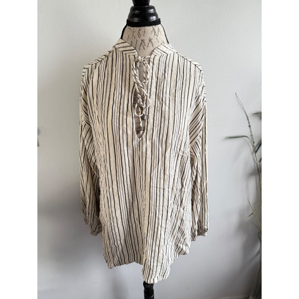 Free People Striped Tunic Top Blouse Women's M/M Medium Long Sleeve Ivory Black